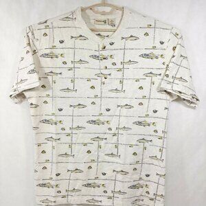 Fieldmaster Fly Fishing Fish Graphic Henley Collar Shirt Mens XL SS Cream Cotton
